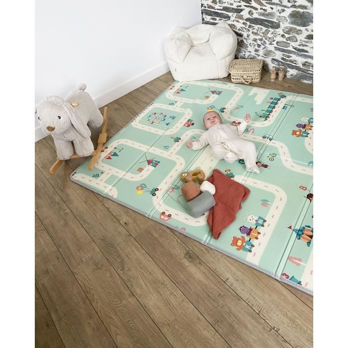 Maxi tapis d'éveil réversible - TINEO - 150 x 180 cm - Facade animaux / Circuit de voitures