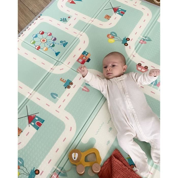 Maxi tapis d'éveil réversible - TINEO - 150 x 180 cm - Facade animaux / Circuit de voitures