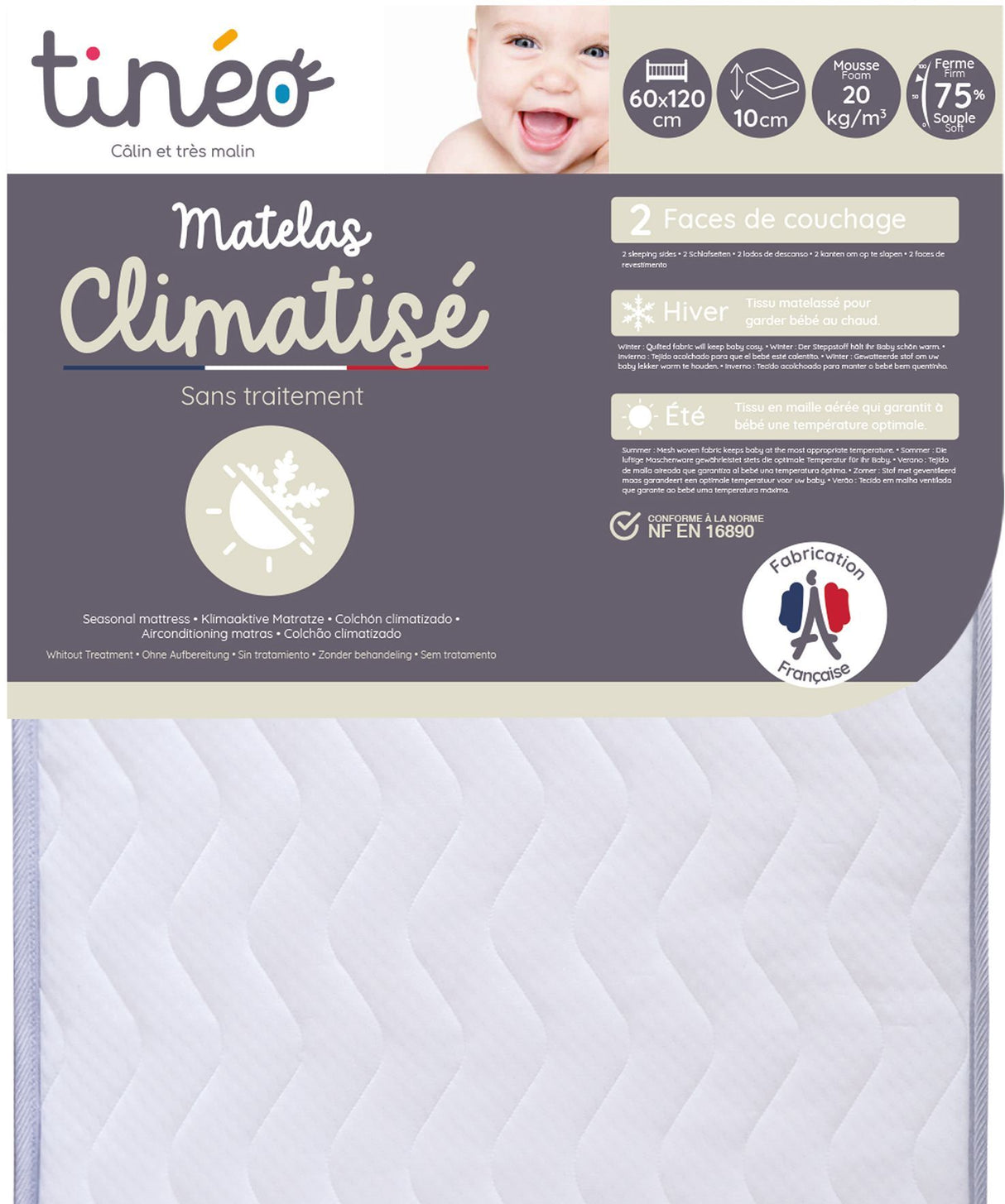 Matelas Climatisé TINEO 60x120x10cm - Matelas Bébé - Climatisé - 1 Face Été - 1 Face Hiver - Sans Traitement - Fabriqué En France