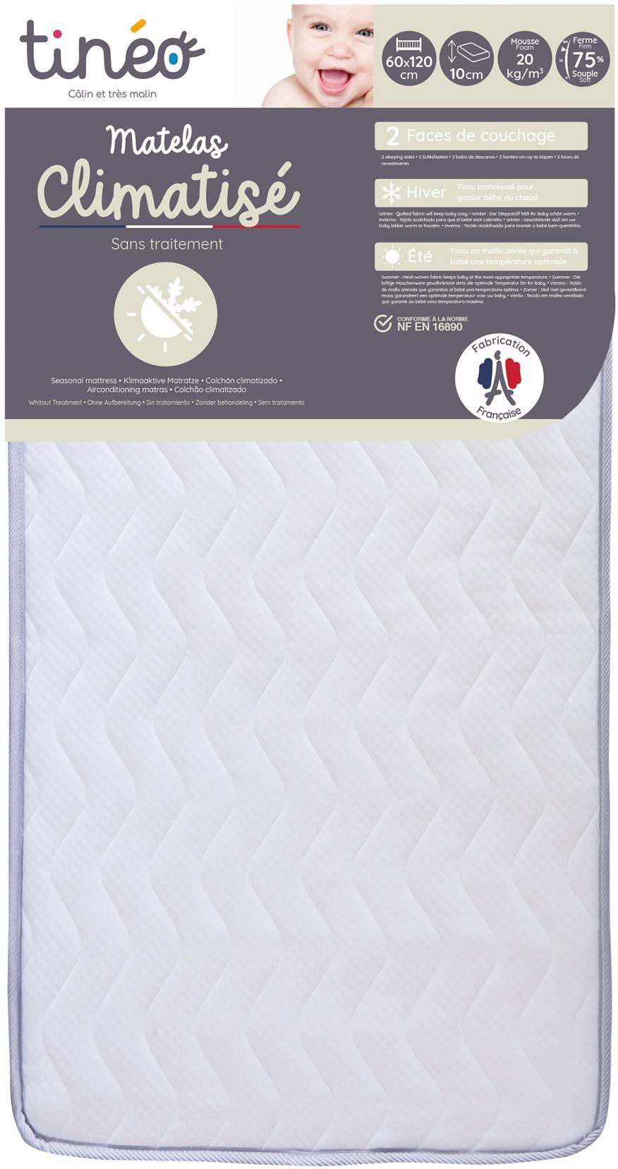 Matelas Climatisé TINEO 60x120x10cm - Matelas Bébé - Climatisé - 1 Face Été - 1 Face Hiver - Sans Traitement - Fabriqué En France