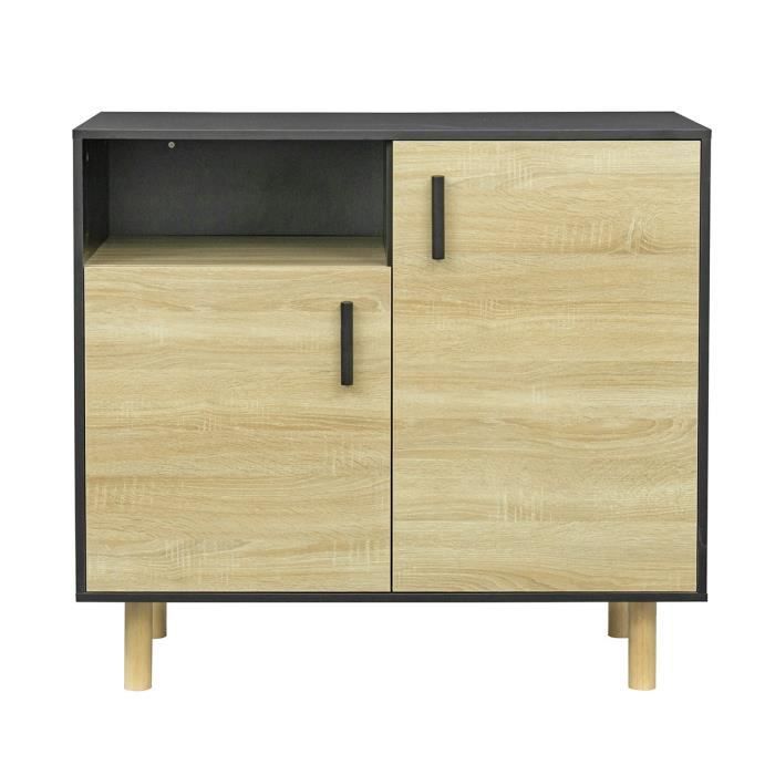 Buffet LILA - Petit buffet avec 2 portes et 1 niche - MDF et mÈlamine - DÈcor noir et chene