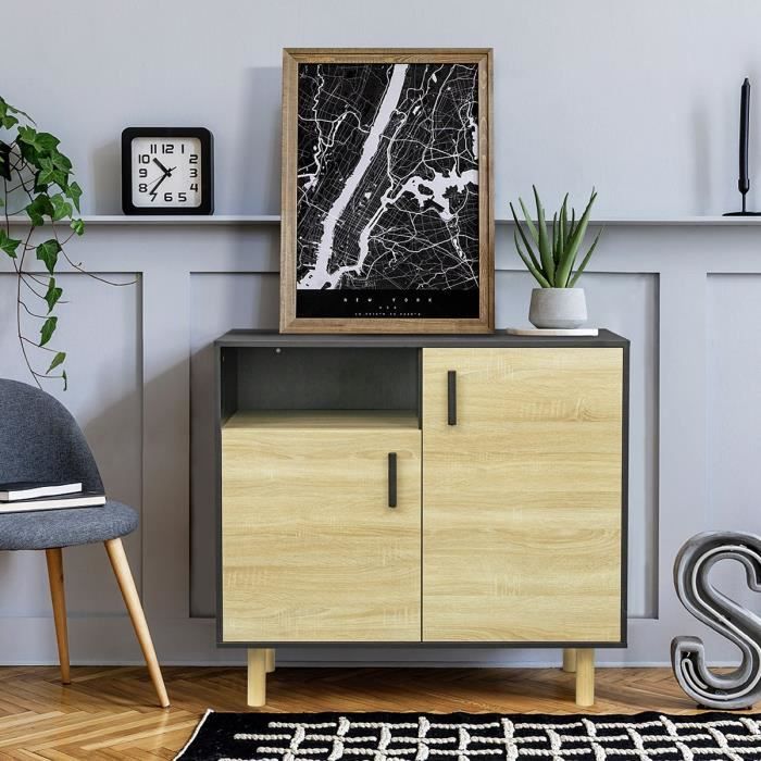 Buffet LILA - Petit buffet avec 2 portes et 1 niche - MDF et mÈlamine - DÈcor noir et chene