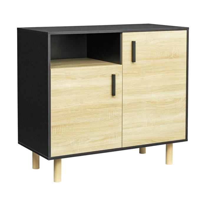 Buffet LILA - Petit buffet avec 2 portes et 1 niche - MDF et mÈlamine - DÈcor noir et chene