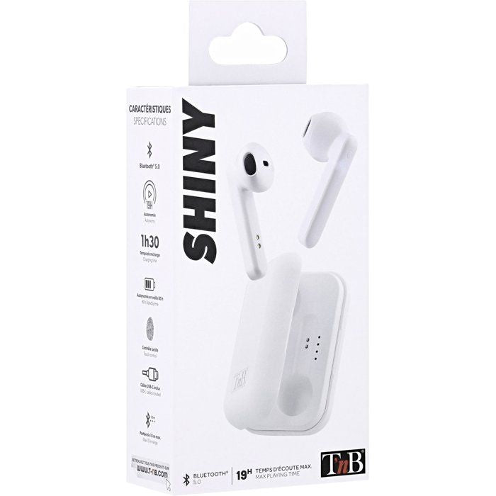 Ecouteurs sans fil TWS - T'nb - Shiny - Boîtier de charge - Bluetooth - Autonomie 25h - Contrôle tactile - Blanc