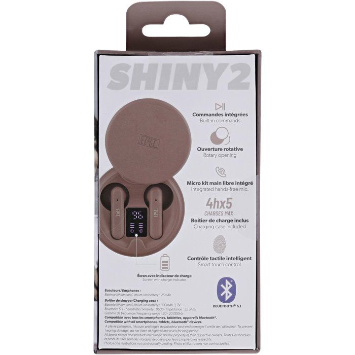 Ecouteurs sans fil TWS - T'nb - Shiny 2 - Boîtier de charge inclus - Bluetooth - Autonomie 20h - Contrôle tactile - Rose