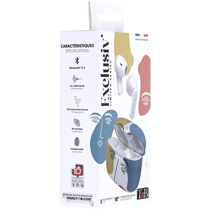 Ecouteurs sans fil - T'nb - Exclusiv' - ART 3 - Boîtier de charge inclus - Bluetooth - Autonomie 12h - Contrôle tactile - Blanc