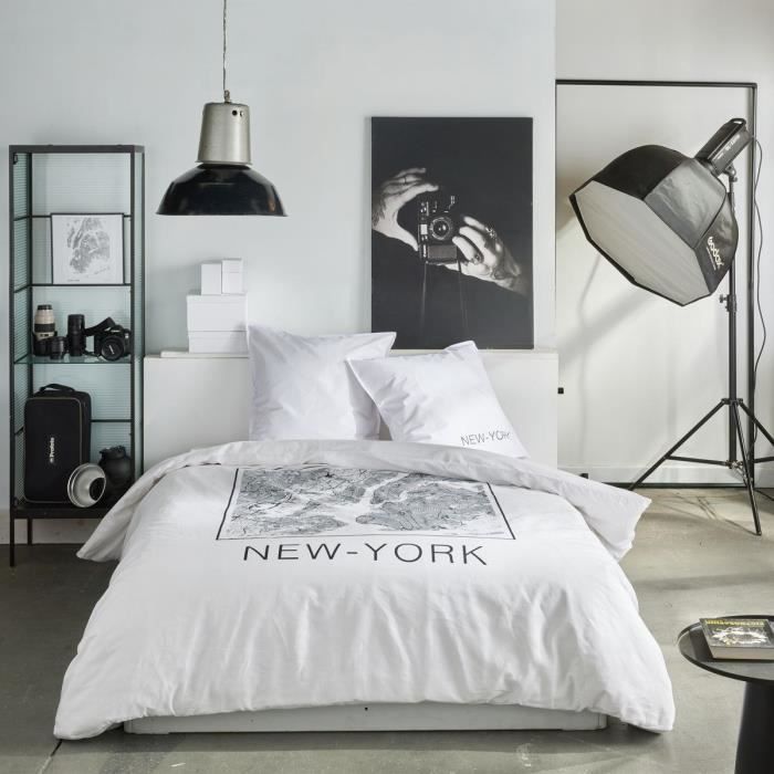 Parure de lit - TODAY - JAVA - 2 personnes - 240x220 cm - Coton - Imprimé New York - Blanc
