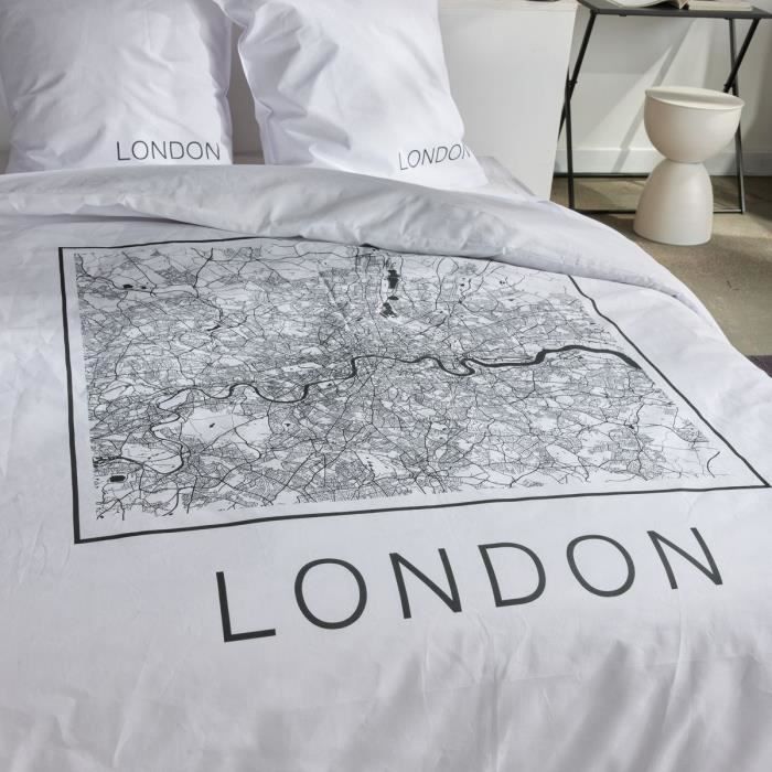 Parure de lit - TODAY - JAVA - 2 personnes - 240x220 cm - Coton - Imprimé London - Blanc