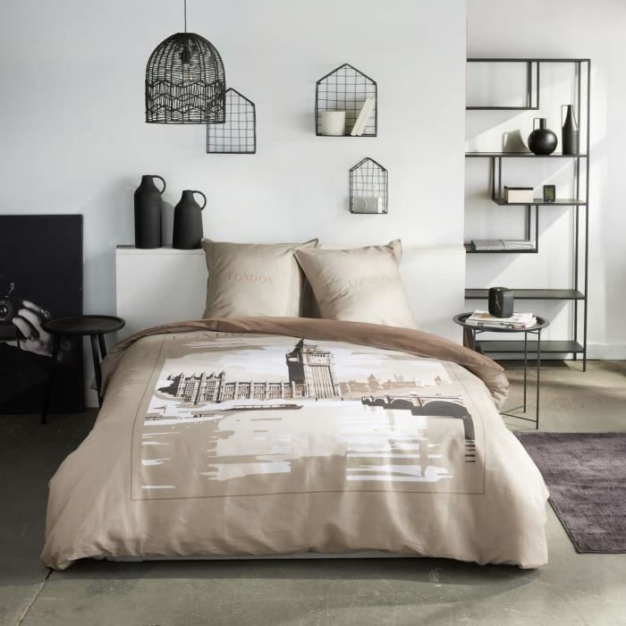 Parure de lit - TODAY - JAVA - 2 personnes - 240x220 cm - Coton - Imprimé London - Beige