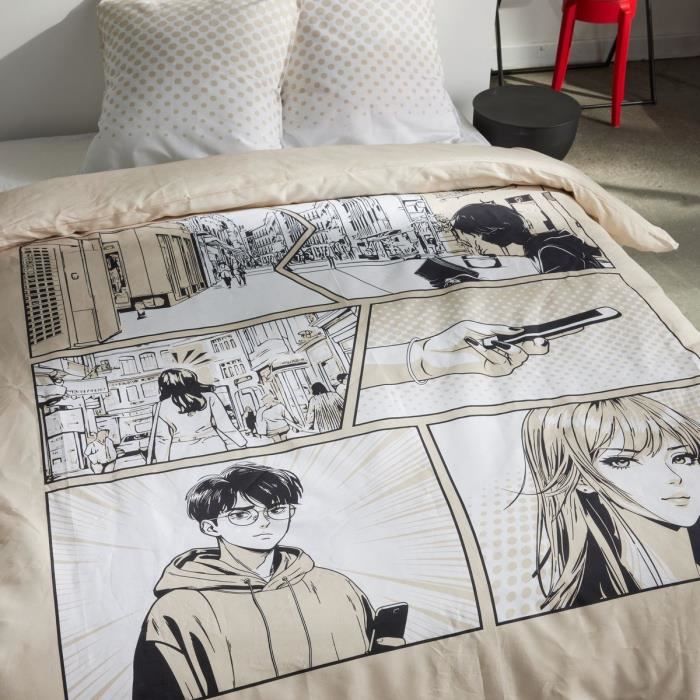 Parure de lit - TODAY - JAVA - 2 personnes - 240x220 cm - Coton - Imprimé Manga - Beige