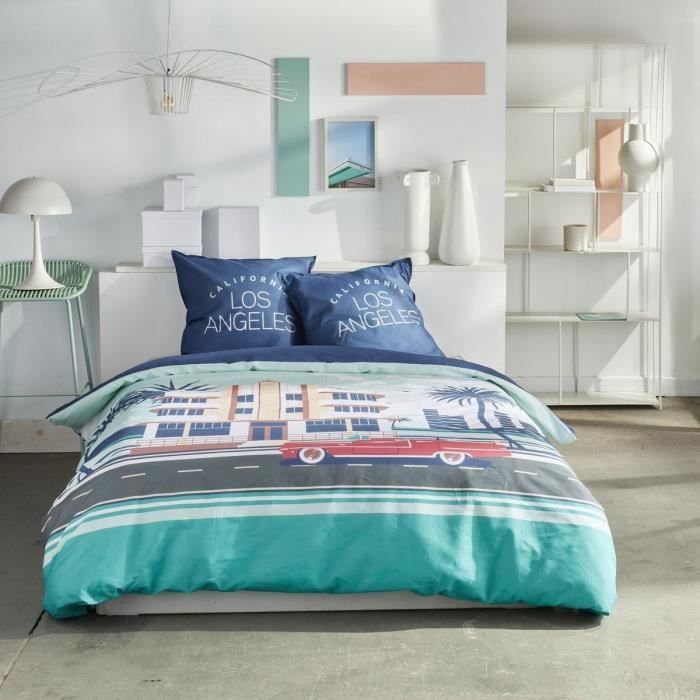 Parure de lit - TODAY - JAVA - 2 personnes - 240x220 cm - Coton - Imprimé Los Angeles - Bleu
