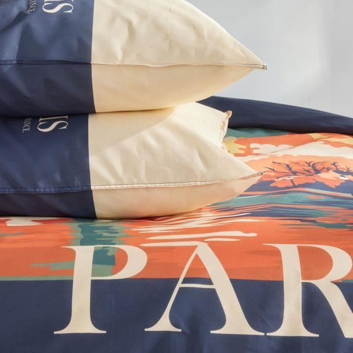 Parure de lit - TODAY - JAVA - 2 personnes - 240x220 cm - Coton - Imprimé Paris - Bleu