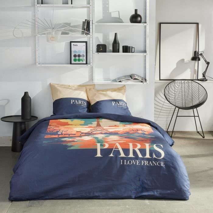 Parure de lit - TODAY - JAVA - 2 personnes - 240x220 cm - Coton - ImprimÈ Paris - Bleu