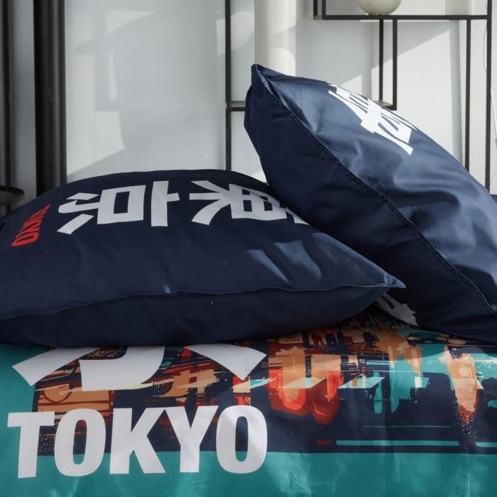 Parure de lit - TODAY - JAVA - 2 personnes - 240x220 cm - Coton - Imprimé Tokyo - Turquoise