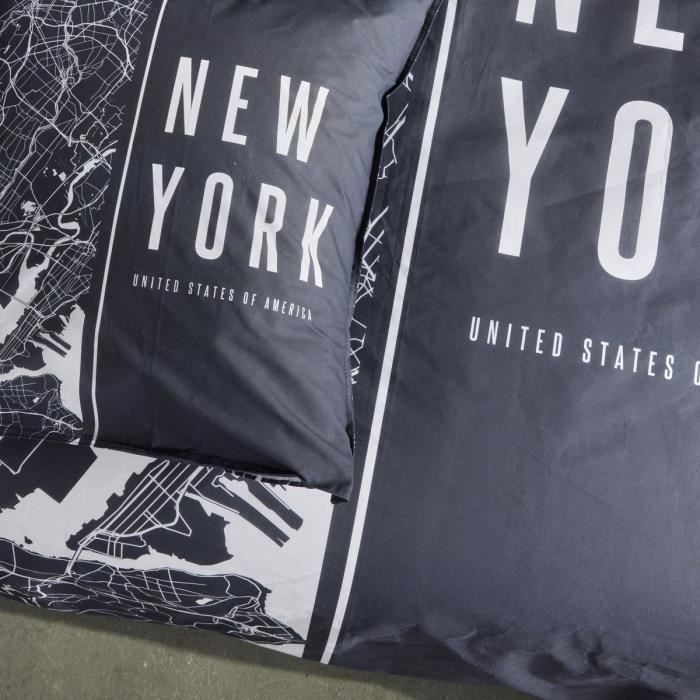 Parure de lit - TODAY - JAVA - 2 personnes - 240x220 cm - Coton - Imprimé New York - Noir