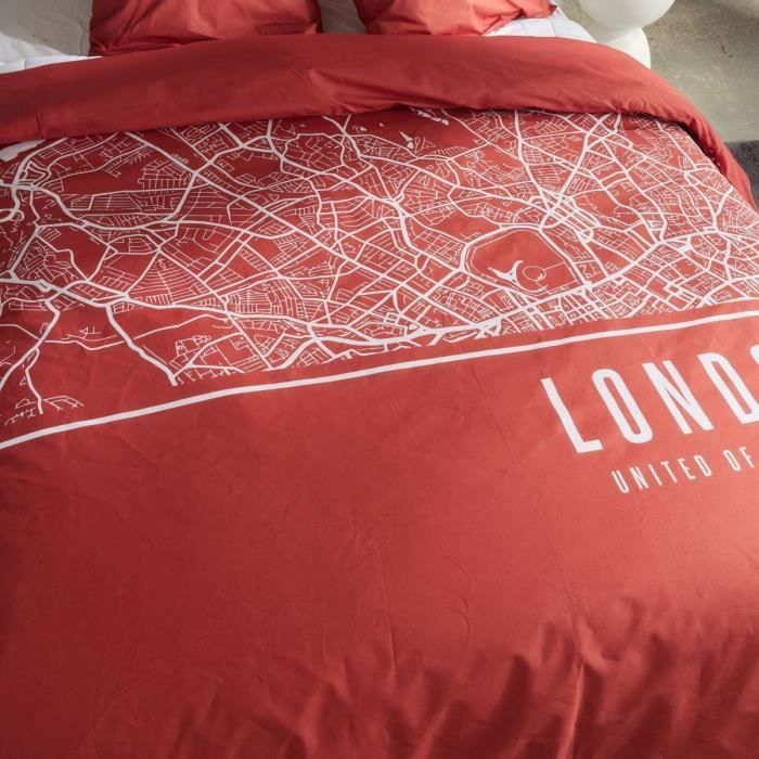 Parure de lit - TODAY - JAVA - 2 personnes - 240x220 cm - Coton - Imprimé London - Rouge