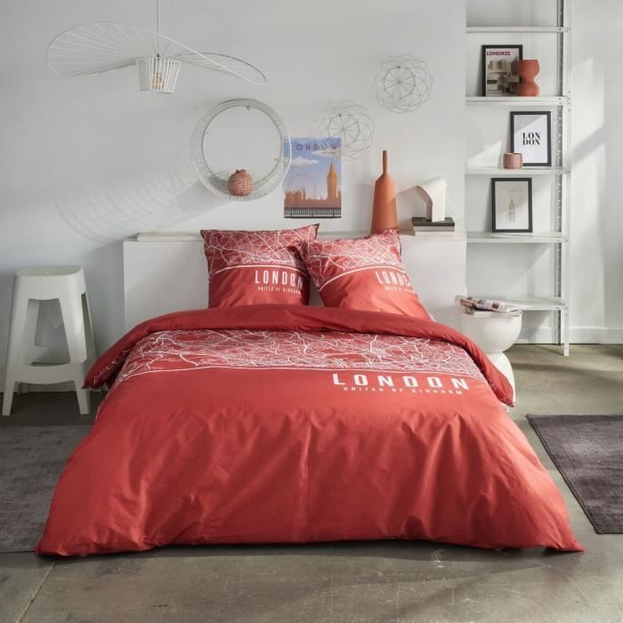 Parure de lit - TODAY - JAVA - 2 personnes - 240x220 cm - Coton - Imprimé London - Rouge