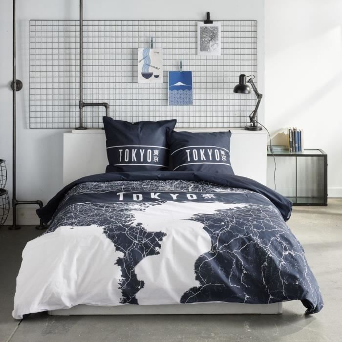 Parure de lit - TODAY - JAVA - 2 personnes - 240x220 cm - Coton - Imprimé Tokyo - Bleu foncé