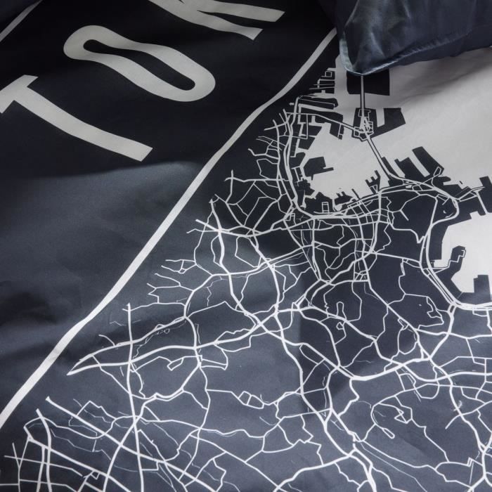 Parure de lit - TODAY - JAVA - 2 personnes - 240x220 cm - Coton - Imprimé Tokyo - Bleu foncé