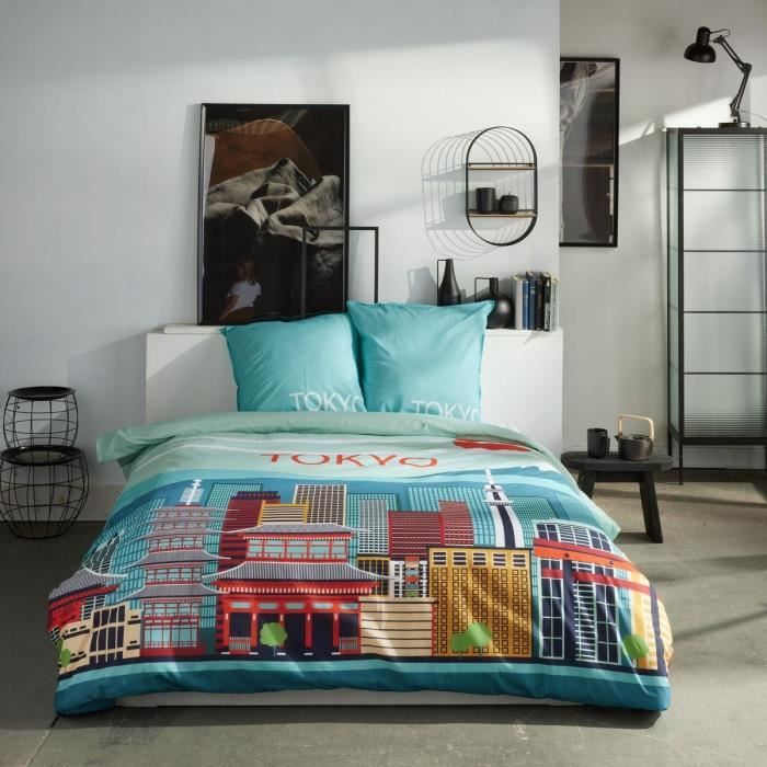Parure de lit - TODAY - JAVA - 2 personnes - 240x220 cm - Coton - Imprimé Tokyo - Bleu