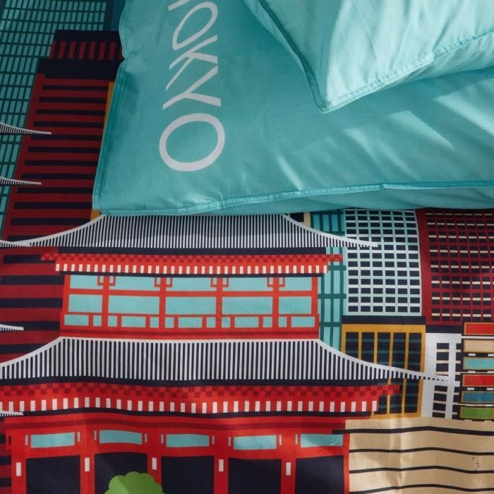 Parure de lit - TODAY - JAVA - 2 personnes - 240x220 cm - Coton - Imprimé Tokyo - Bleu