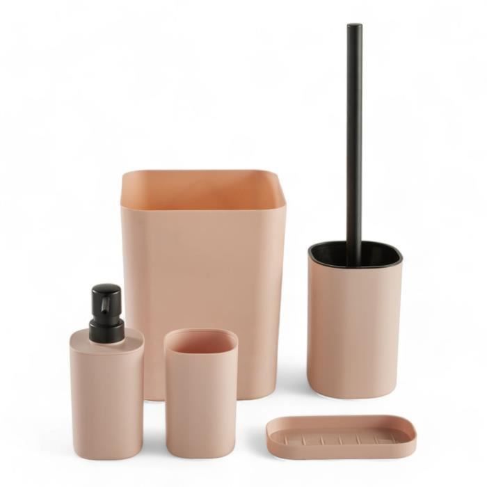 Set de 5 acc SDB - TODAY - UTILITY - Distr de savon, porte-brosse a dents, porte savon, brosse WC, poubelle - Pink