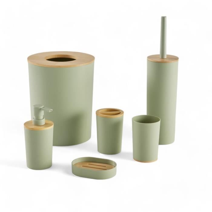 Lot de 6 acc SDB - TODAY - UTILITY - Dist savon, gobelet, porte-brosse a dents, porte savon, brosse WC, poubelle - Green