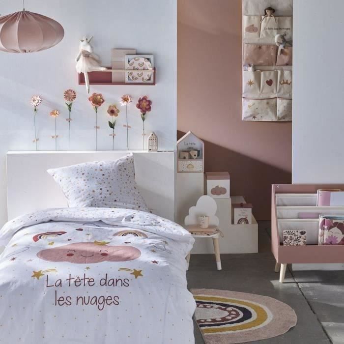 Ensemble parure de lit enfant + coffre de rangement pouf pliable - TODAY - ARC EN CIEL - 140 x 200 cm - Coton