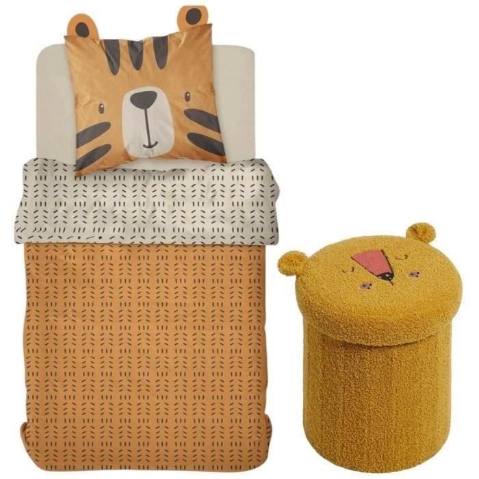 Ensemble parure de lit enfant + coffre de rangement pouf pliable - TODAY - JUNGLE - 140 x 200 cm - Coton