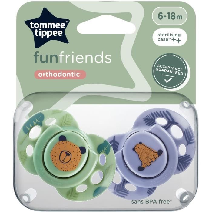 Sucette - TOMMEE TIPPEE - FUN - 6-18 mois - Lot de 2 sucettes symÈtriques sans BPA - Capsule de stÈrilisation rÈutilisable
