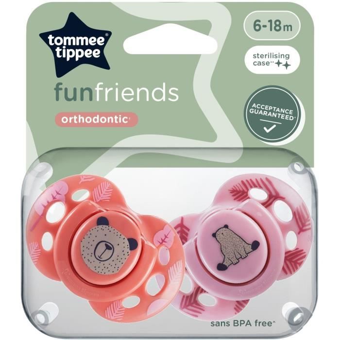 Sucette - TOMMEE TIPPEE - FUN - 6-18 mois - Lot de 2 sucettes symÈtriques sans BPA - Capsule de stÈrilisation rÈutilisable