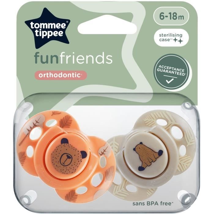 Sucette - TOMMEE TIPPEE - FUN - 6-18 mois - Lot de 2 sucettes symÈtriques sans BPA - Capsule de stÈrilisation rÈutilisable