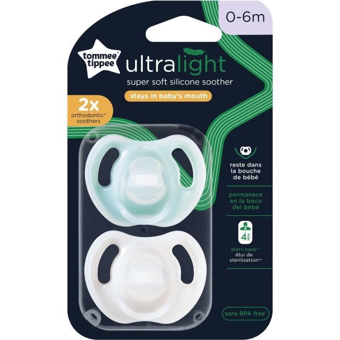 Sucettes - TOMMEE TIPPEE - Ultra-lÈgeres - 0-6 mois - Lot de 2 sucettes monobloc sans BPA