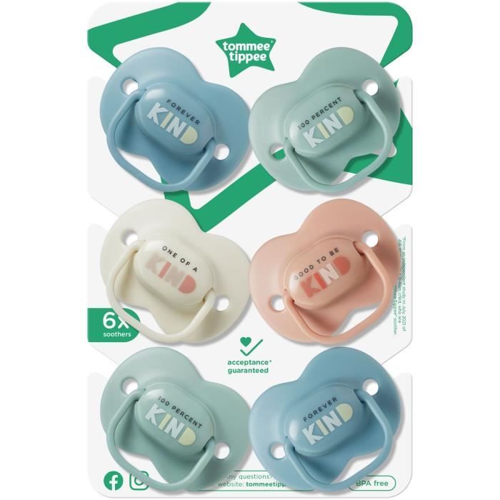 Sucettes - TOMMEE TIPPEE - 6-18 Mois - Lot de 6 - Forme Orthodontique SymÈtrique, Silicone sans BPA