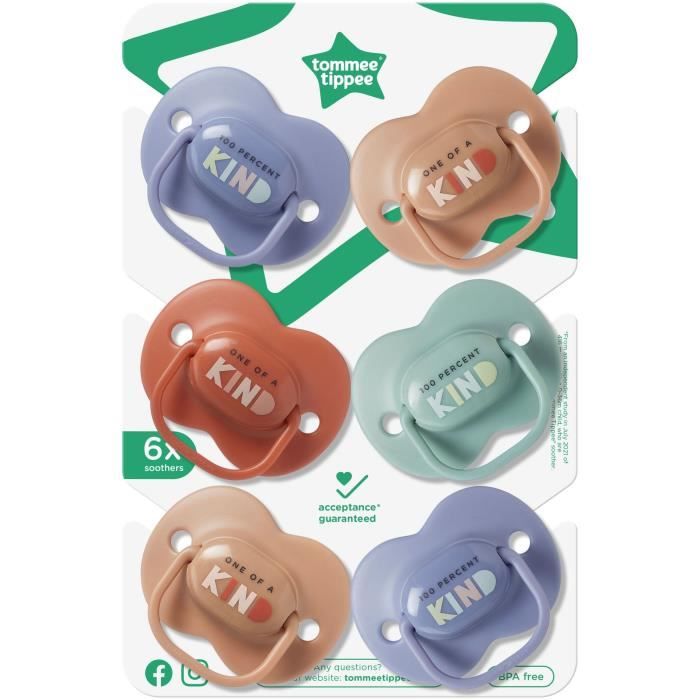 Sucettes - TOMMEE TIPPEE - ANYTIME - 18-36 Mois - Lot de 6 - Forme Orthodontique SymÈtrique, - Silicone sans BPA