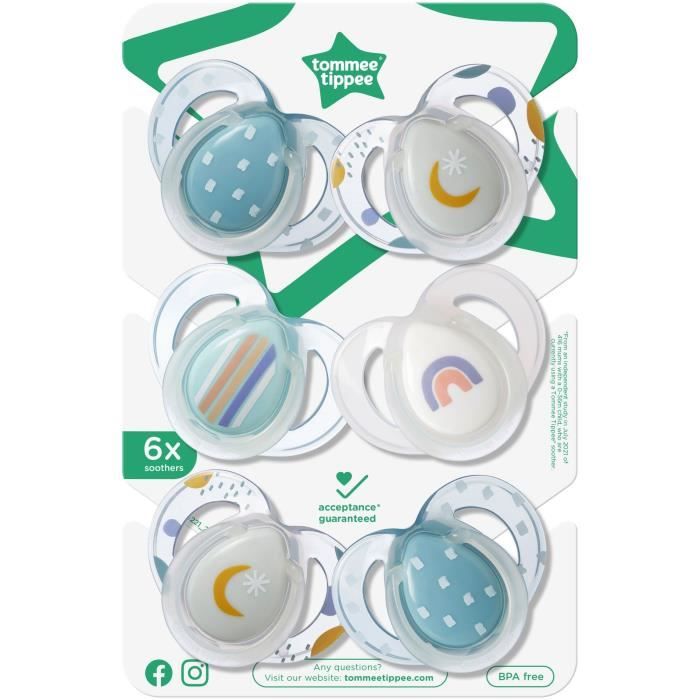 Sucette de nuit - TOMMEE TIPPEE - 6-18 mois - Lot de 6 sucettes phosphorescentes avec capsule de stÈrilisation rÈutilisable