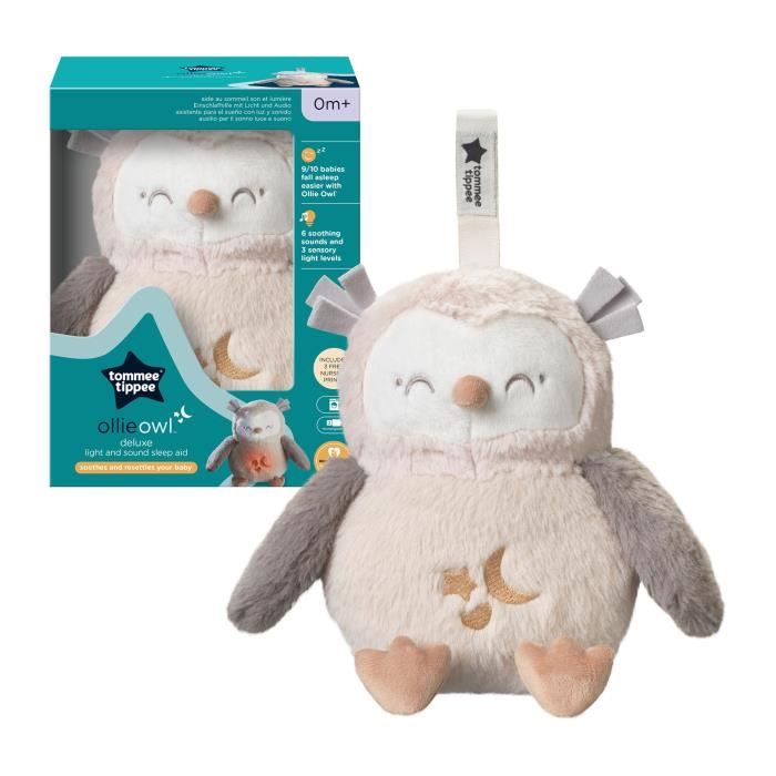 TOMMEE TIPPEE, Peluche veilleuse de luxe avec CrySensor, 6 sons apaisants, USB, lavable en machine, Ollie la Chouette