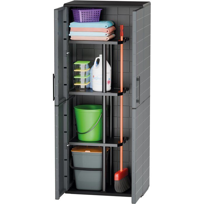 Armoire porte-balai - TOOD - 2 portes + 3 étgageres en polypropylene - 68 x 37 x H.163 cm - Gris