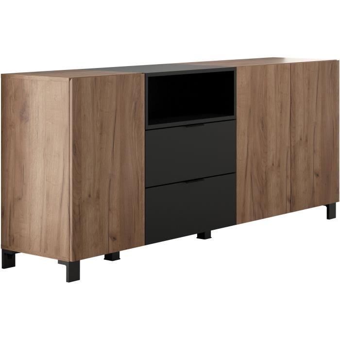 Buffet KENDO - DÈcor chene ambrÈ et noir mat - 3 portes + 2 Tiroirs - L185 x P40 x H78 cm - TRENDTEAM