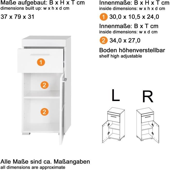 Meuble de salle de bain Rangement bas - 1 porte & 1 tiroir - Blanc - L 37 x P 31 x H 79 cm - AMANDA