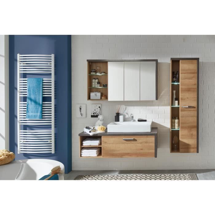 BAY Salle de bain complete : Armoire+colonne+meuble avec vasque+miroirs - MÈlaminÈ chene et bÈton - L186 x P53 x H198 cm -