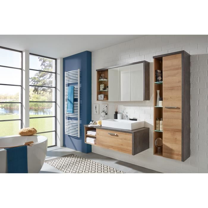BAY Salle de bain complete : Armoire+colonne+meuble avec vasque+miroirs - MÈlaminÈ chene et bÈton - L186 x P53 x H198 cm -
