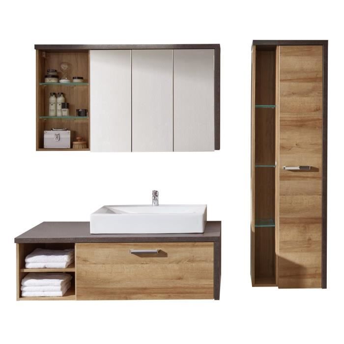 BAY Salle de bain complete : Armoire+colonne+meuble avec vasque+miroirs - MÈlaminÈ chene et bÈton - L186 x P53 x H198 cm -
