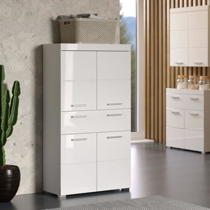 Meuble de salle de bain Colonne double - 4 portes + 1 tiroir - L73 x P31 x H130 cm - Blanc - AMANDA
