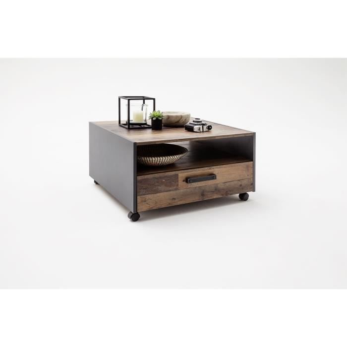 Table basse carrÈ a roulette - Panneaux de particules - DÈcor bois vieilli et gris - Double plateau -1 Tiroir - L70 x P70 x H40 cm
