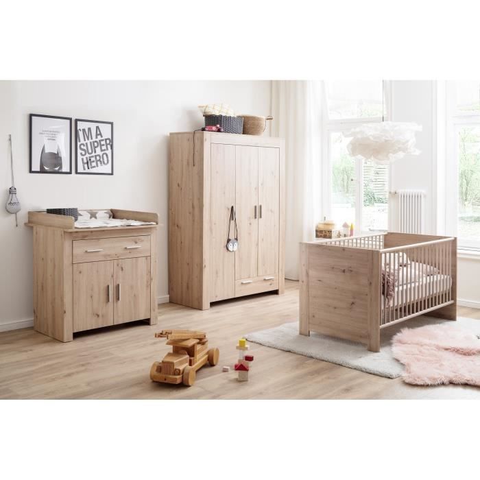 Chambre bÈbÈ Trio : Lit 70 x 140 cm + Commode a langer + Armoire AHOI - Chene - TREND TEAM
