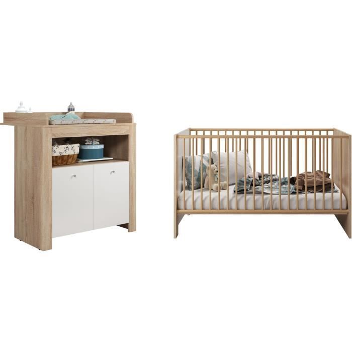 Chambre bÈbÈ duo PIA - Lit 70x140 cm + Commode a langer 2 portes - DÈcor chene sonoma et blanc mat - TRENDTEAM