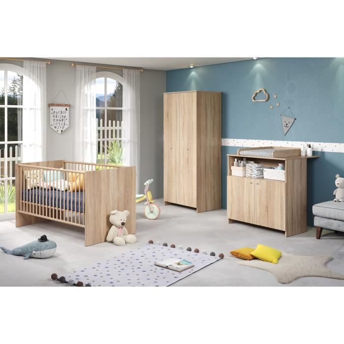 Chambre bÈbÈ trio NIKO - Lit 70x140 cm + Commode a langer 2 portes + Armoire 2 portes - DÈcor chene naturel - TRENDTEAM
