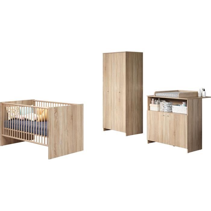 Chambre bÈbÈ trio NIKO - Lit 70x140 cm + Commode a langer 2 portes + Armoire 2 portes - DÈcor chene naturel - TRENDTEAM