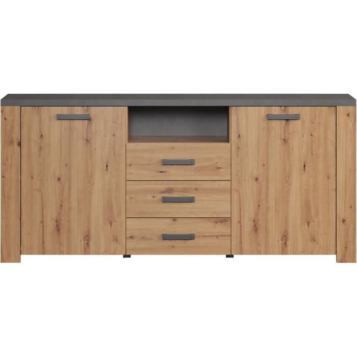 Buffet FOLLOW - Mélamine chene artisan et gris ardoise - 2 Portes + 3 Tiroirs - L180 x P40 x H83 cm - TRENDTEAM